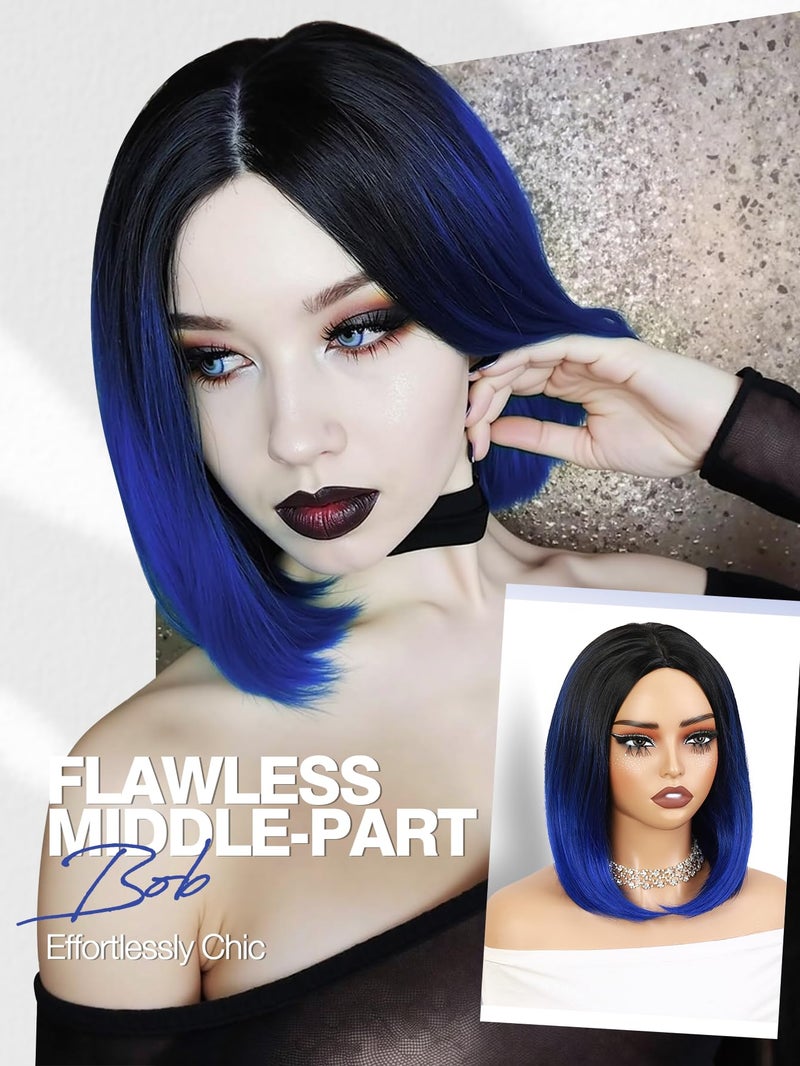 quickwig Quick Wig Short Bob Wig Ombre Wig Black to Blue Side Part Cosplay Party Wig 14 inches Bowl Cut Wig Heat Resistant Fiber Synthetic Wigs for Women Sapphire Blue - Image 4